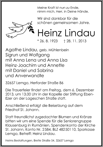 Anzeige  Heinz Lindau  Lippische Landes-Zeitung