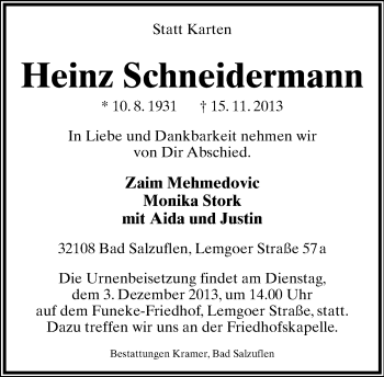 Anzeige  Heinz Schneidermann  Lippische Landes-Zeitung