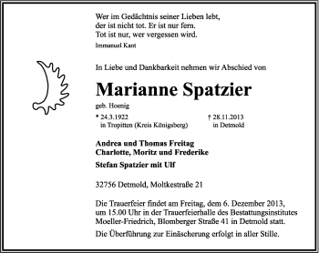 Anzeige  Marianne Spatzier  Lippische Landes-Zeitung