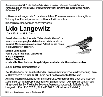 Anzeige  Udo Langewitz  Lippische Landes-Zeitung
