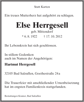 Anzeige  Else Herrgesell  Lippische Landes-Zeitung