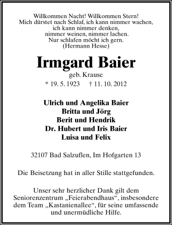 Anzeige  Irmgard Baier  Lippische Landes-Zeitung
