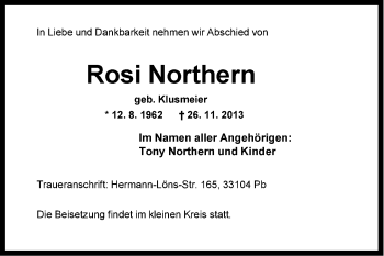 Anzeige  Rosi Northern  Lippische Landes-Zeitung