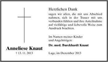 Anzeige  Anneliese Knaut  Lippische Landes-Zeitung
