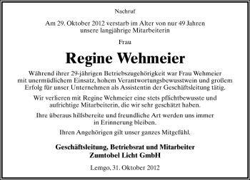 Anzeige  Regine Wehmeierr  Lippische Landes-Zeitung
