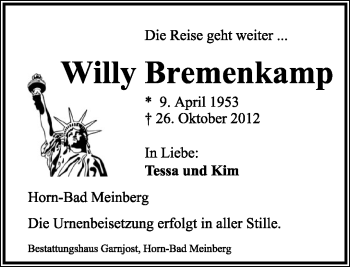 Anzeige  Willi Bremenkamp  Lippische Landes-Zeitung