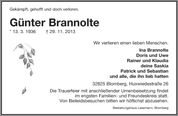 Anzeige  Günter Brannolte  Lippische Landes-Zeitung