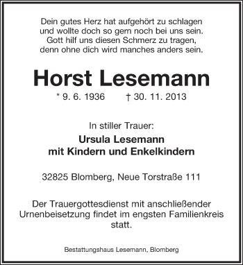 Anzeige  Horst Lesemann  Lippische Landes-Zeitung