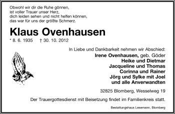 Anzeige  Klaus Ovenhausen  Lippische Landes-Zeitung