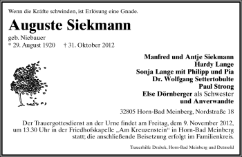 Anzeige  Auguste Siekmann  Lippische Landes-Zeitung