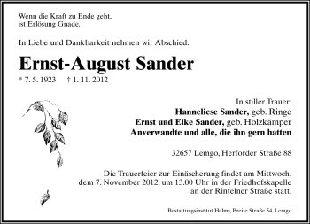 Anzeige  Ernst-August Sander  Lippische Landes-Zeitung