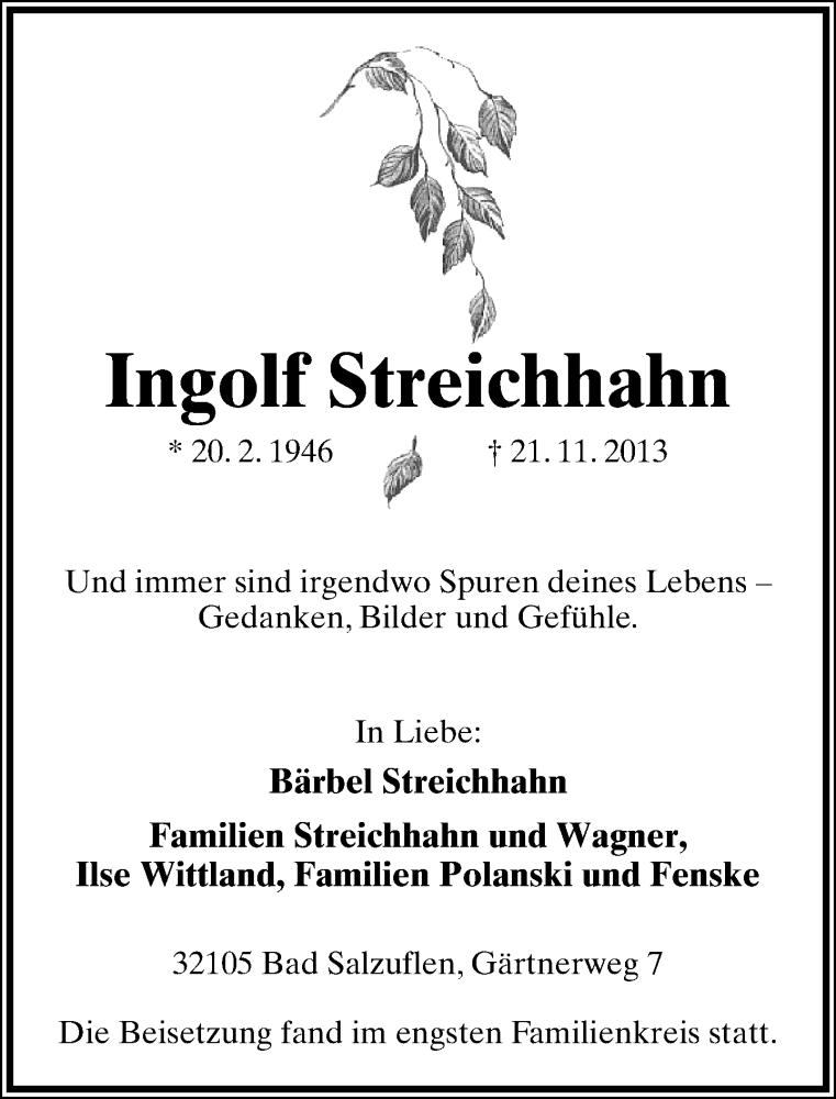  Traueranzeige für Ingolf Streichhahn vom 03.12.2013 aus Lippische Landes-Zeitung