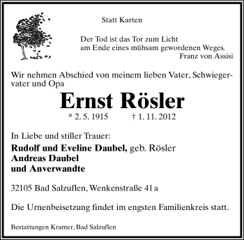 Anzeige  Ernst Rösler  Lippische Landes-Zeitung