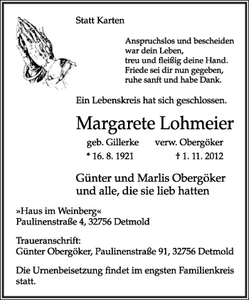 Anzeige  Margarethe Lohmeier  Lippische Landes-Zeitung