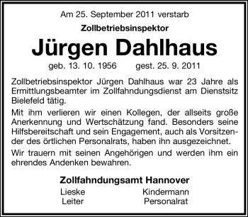 Anzeige  Jürgen Dahlhaus  Lippische Landes-Zeitung