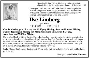 Anzeige  Ilse Limberg  Lippische Landes-Zeitung