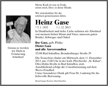 Anzeige  Heinz Gase  Lippische Landes-Zeitung