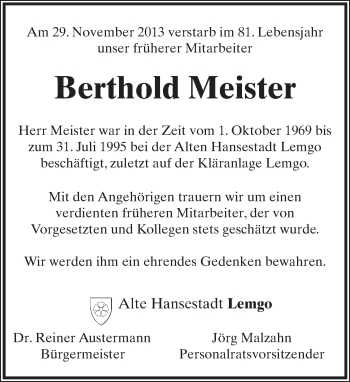 Anzeige  Berthold Meister  Lippische Landes-Zeitung