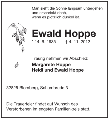 Anzeige  Ewald Hoppe  Lippische Landes-Zeitung
