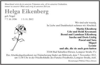 Anzeige  Helga Eikenberg  Lippische Landes-Zeitung