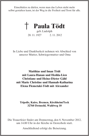 Anzeige  Paula Tödt  Lippische Landes-Zeitung