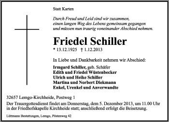 Anzeige  Friedel Schiller  Lippische Landes-Zeitung