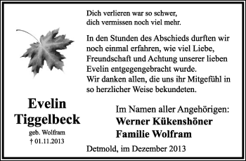 Anzeige  Evelin Tiggelbeck  Lippische Landes-Zeitung