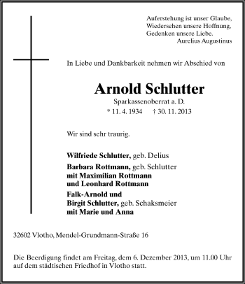 Anzeige  Arnold Schlutter  Lippische Landes-Zeitung