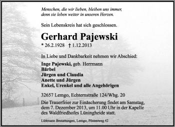 Anzeige  Gerhard Pajewski  Lippische Landes-Zeitung