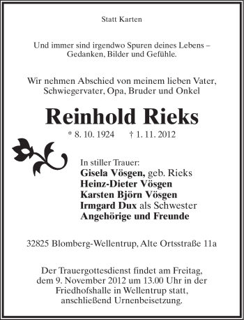 Anzeige  Reinhold Rieks  Lippische Landes-Zeitung