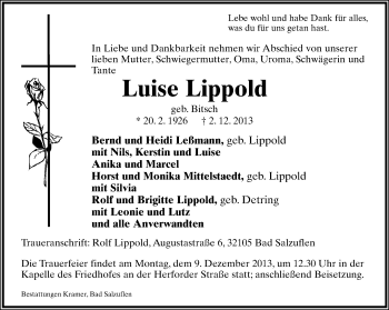 Anzeige  Luise Lippold  Lippische Landes-Zeitung
