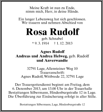 Anzeige  Rosa Rudolf  Lippische Landes-Zeitung