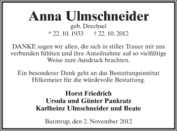 Anzeige  Anna Ulmschneider  Lippische Landes-Zeitung