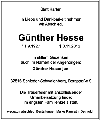 Anzeige  Günther Hesse  Lippische Landes-Zeitung