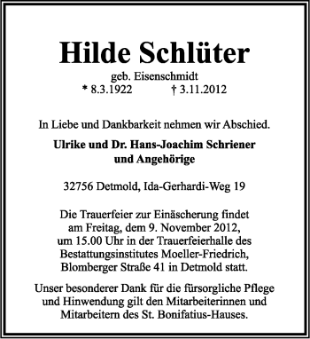 Anzeige  Hilde Schlüter  Lippische Landes-Zeitung