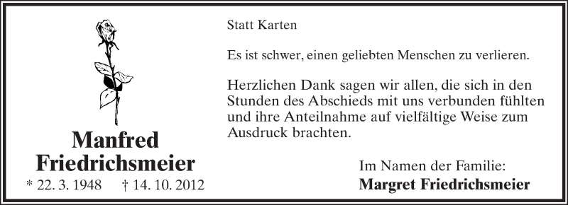  Traueranzeige für Manfred Friedrichsmeier vom 10.11.2012 aus Lippische Landes-Zeitung