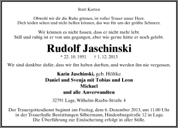 Anzeige  Rudolf Jaschinski  Lippische Landes-Zeitung