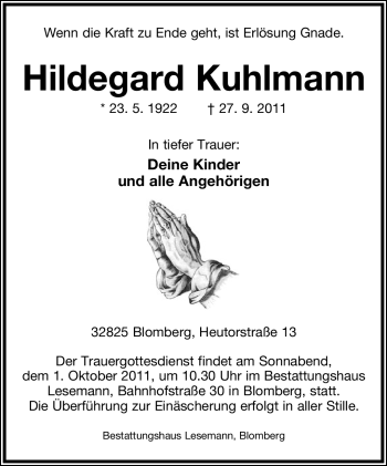 Anzeige  Hildegard Kuhlmann  Lippische Landes-Zeitung