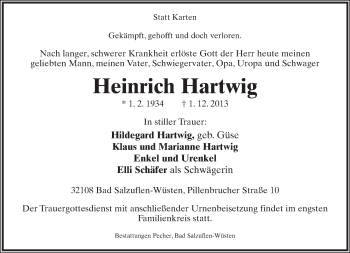 Anzeige  Heinrich Hartwig  Lippische Landes-Zeitung