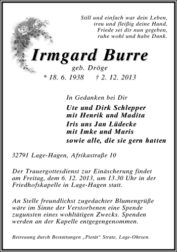 Anzeige  Irmgard Burre  Lippische Landes-Zeitung