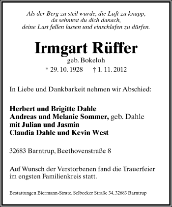 Anzeige  Irmgard Rüffer  Lippische Landes-Zeitung
