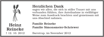 Anzeige  Heinz Reineke  Lippische Landes-Zeitung