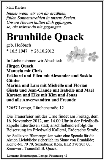 Anzeige  Brunhilde Quack  Lippische Landes-Zeitung