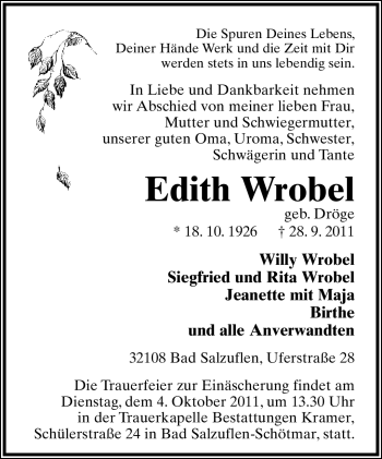 Anzeige  Edith Wrobel  Lippische Landes-Zeitung