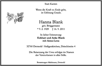 Anzeige  Hanna Blank  Lippische Landes-Zeitung