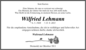 Anzeige  Wilfried Lehmann  Lippische Landes-Zeitung