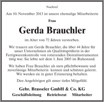 Anzeige  Gerda Brauchler  Lippische Landes-Zeitung