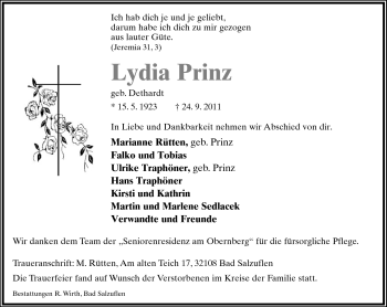 Anzeige  Lydia Prinz  Lippische Landes-Zeitung