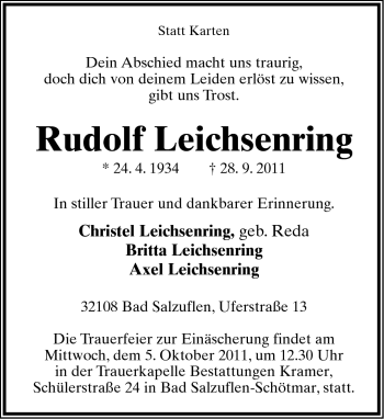 Anzeige  Rudolf Leichsenring  Lippische Landes-Zeitung