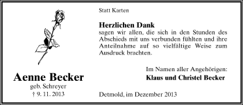 Anzeige  Aenne Becker  Lippische Landes-Zeitung